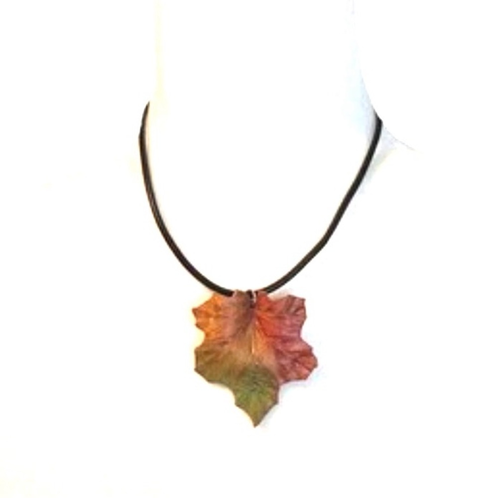 Leather Multi Coloured Maple Leaf Pendant Necklace